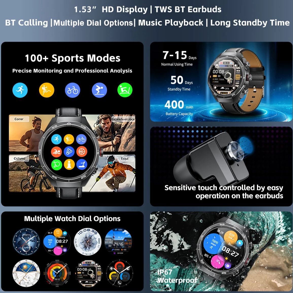 NFC Headset Smart Watch 2 in 1 - Sports Earphone Hook 评论和价格